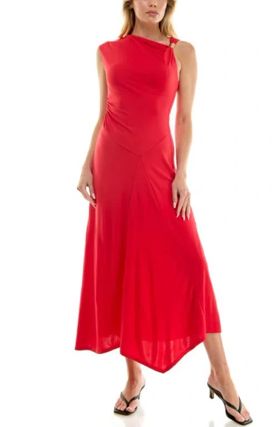 Socialite Asymmetric Side Ruched Midi Dress In Red