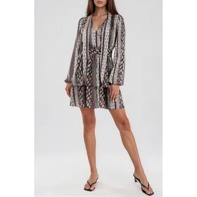 Socialite Belted Tiered Long Sleeve Satin Dress In Multi