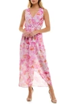 Socialite Chiffon Surplice Midi Dress In White Pink Floral