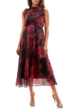Socialite Chiffon Tiered Midi Dress In Black Blurred Floral