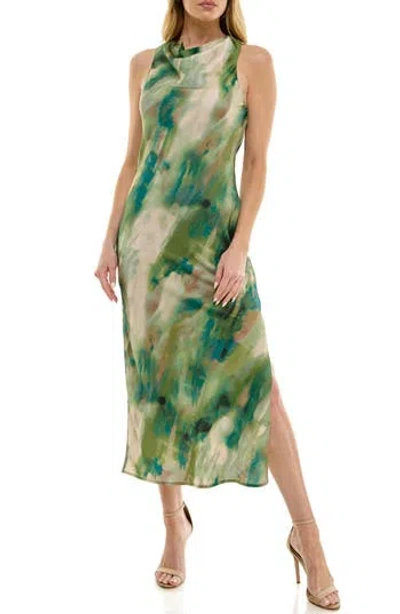 Socialite Cowl Neck Bias Cut Midi Dress In Green/olive