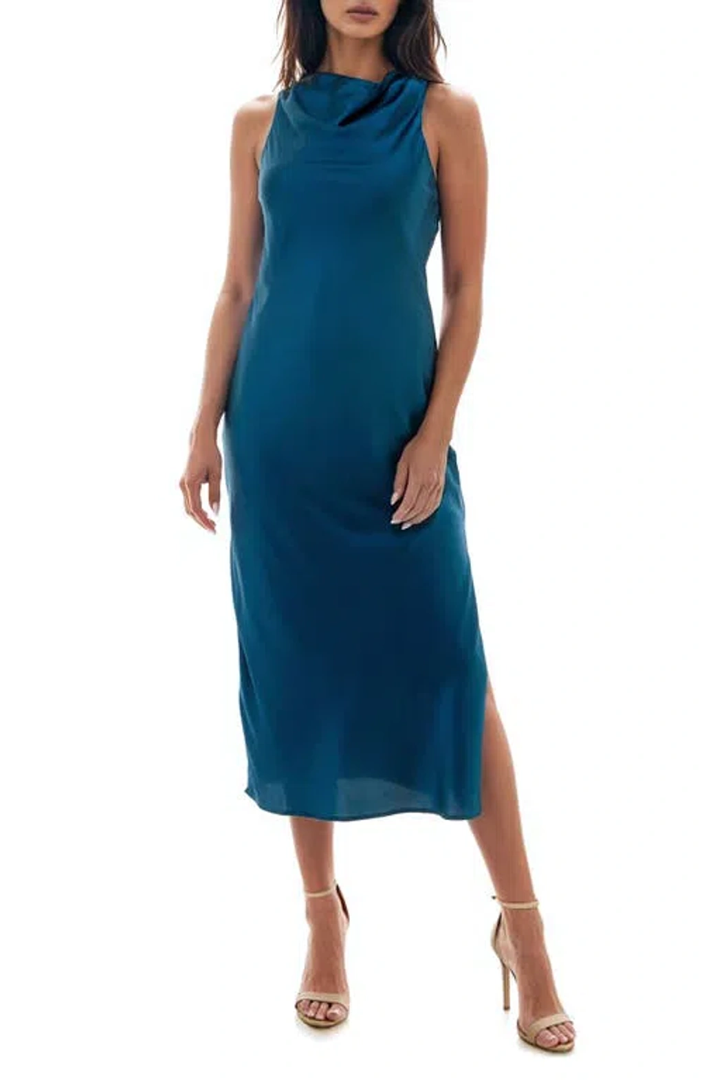 Socialite Cowl Neck Bias Cut Satin Midi Dress In Deep Dive | ModeSens