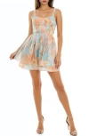 Socialite Fit & Flare Corset Minidress In Peach/aqua