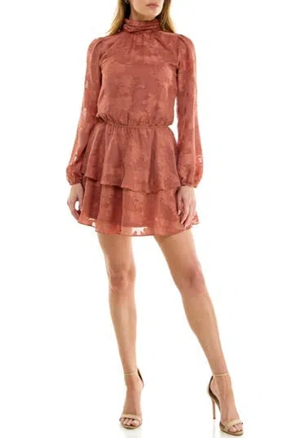 Socialite Floral Jacquard Long Sleeve Minidress In Deep Mauve