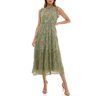 Socialite Floral Jacquard Tiered Sleeveless Dress In Green