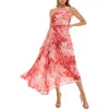 Socialite Floral Metallic Stripe One-shoulder Pleated Dress In Pink