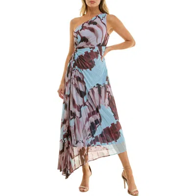 Socialite Floral Metallic Stripe One-shoulder Pleated Dress In Bluebrown