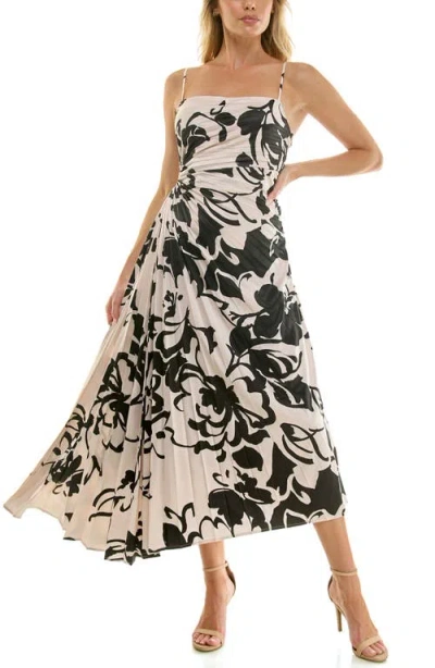 Socialite Floral Pleated Satin Dress In Neutral