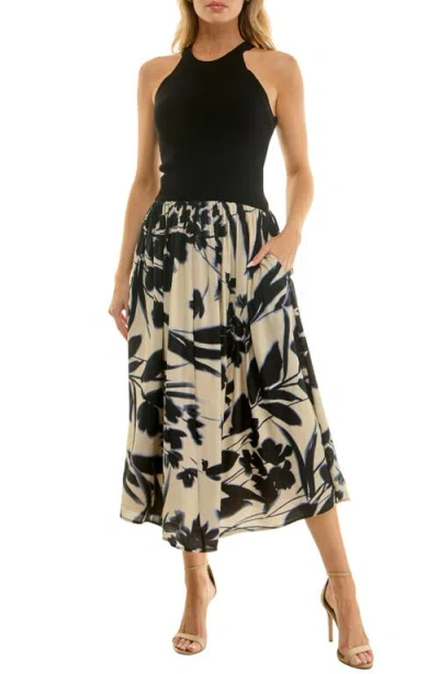 Socialite Floral Print Fit & Flare Tank Dress In Black