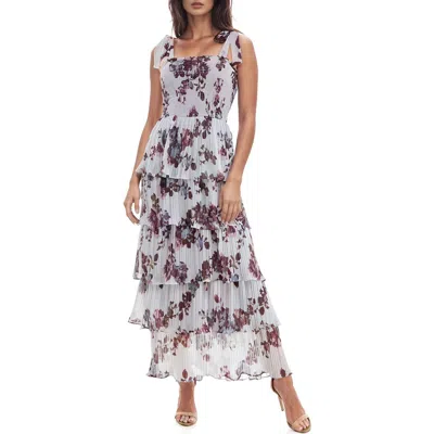 Socialite Floral Print Pleated Tier Maxi Dress In Grey/mauve