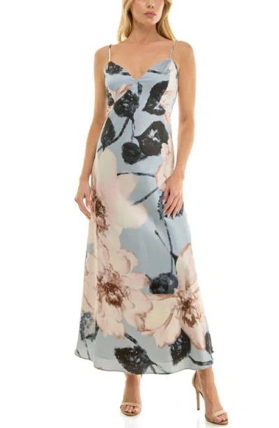 Socialite Floral Print Stretch Satin Slipdress In Multi