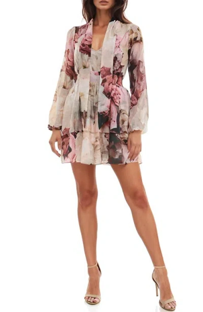 Socialite Floral Print Tiered Long Sleeve Minidress In Multi