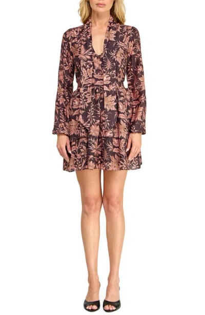 Socialite Floral Print Tiered Long Sleeve Minidress In Brown