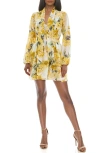 Socialite Floral Print Tiered Long Sleeve Minidress In Yellow/sage