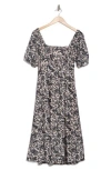 Socialite Floral Puff Sleeve Midi Dress In Black - White Print