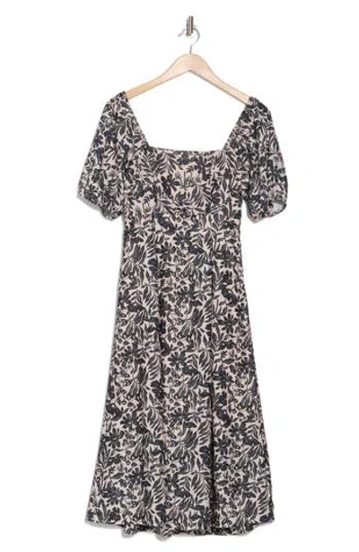 Socialite Floral Puff Sleeve Midi Dress In Black - White Print