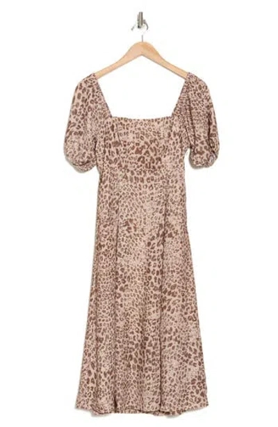 Socialite Floral Puff Sleeve Midi Dress In Mocha Taupe Leo