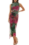 Socialite Floral Shirred Mesh Dress In Green