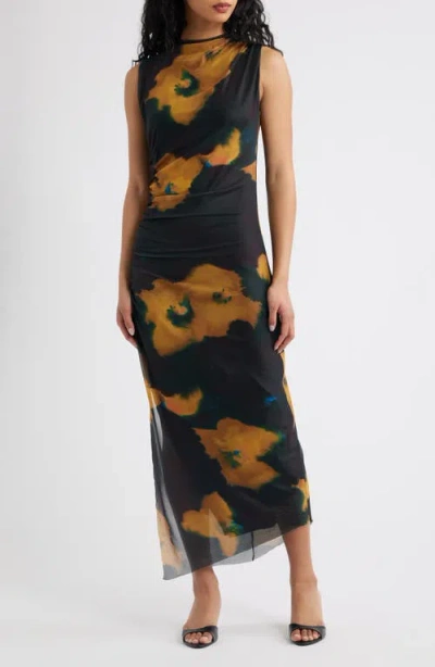 Socialite Floral Shirred Mesh Dress In Black