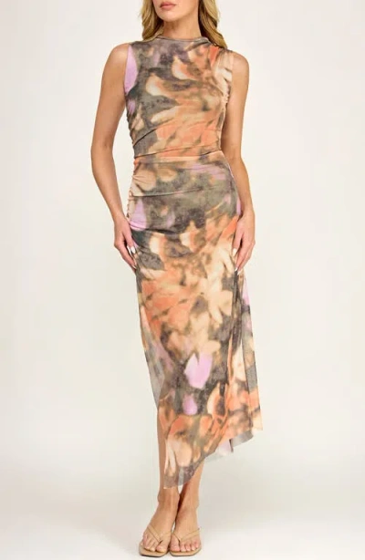 Socialite Floral Shirred Mesh Dress In Brown/rust