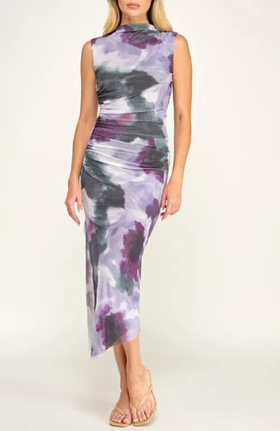 Socialite Floral Shirred Mesh Dress In Purple/hunter