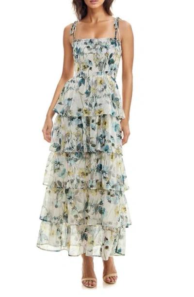 Socialite Floral Tiered Maxi Sundress In Ivory/ Teal