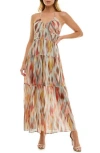 Socialite Halter Neck Tiered Maxi Dress In Beige Blur Ikat