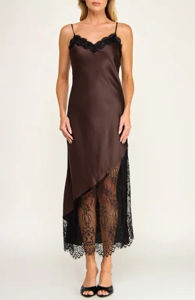 Socialite Lace Trim Satin Midi Slipdress In Brown