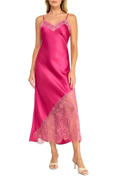 Socialite Lace Trim Satin Midi Slipdress In Pink