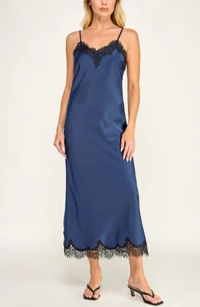Socialite Lace Trim Satin Slip Midi Dress In Blue