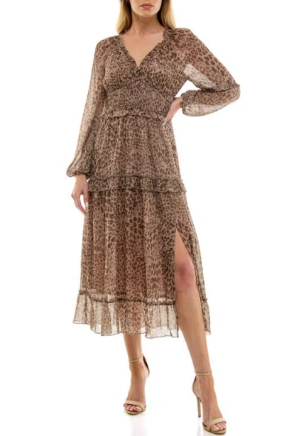 Socialite Long Sleeve Ruffle Chiffon Midi Dress In Brown
