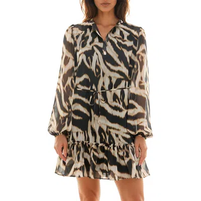 Socialite Long Sleeve Shirtdress In Black/tan Animal