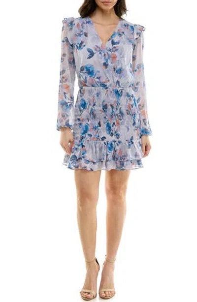 Socialite Long Sleeve Smocked Bodice Minidress In Multi
