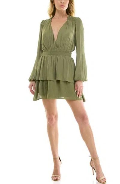 Socialite Long Sleeve Smocked Waist Minidress In Green