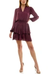 Socialite Long Sleeve Tiered Minidress In Burgundy