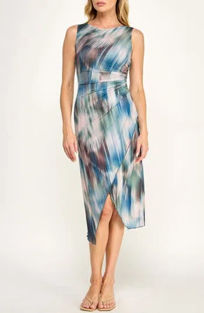 Socialite Mesh Fit & Flare Midi Dress In Blue/ Brown/ Sage