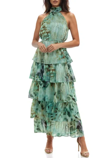 Socialite Metallic Abstract Print Tiered Ruffle Dress In Green/olive
