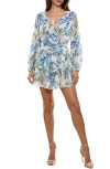 Socialite Metallic Floral Long Sleeve Minidress In Blue