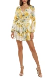 Socialite Metallic Floral Long Sleeve Minidress In Yellow/sage