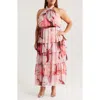 Socialite Metallic Floral Print Halter Dress In Multi
