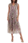 Socialite Metallic Floral Print Tiered Sleeveless Dress In Purple/pink