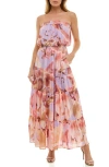Socialite Metallic Floral Strapless Tiered Maxi Dress In Multi