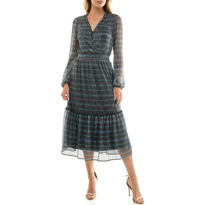 Socialite Metallic Long Sleeve Tiered Chiffon Midi Dress In Gray