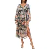 Socialite Metallic Mixed Print Long Sleeve Midi Dress