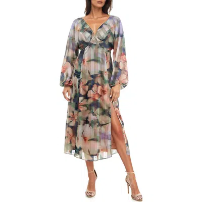 Socialite Metallic Mixed Print Long Sleeve Midi Dress In Olive/lavender