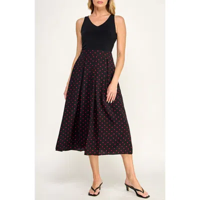 Socialite Mixed Media Midi Dress In Black/ Red