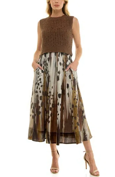 Socialite Mixed Media Pleated Midi Dress In Brown