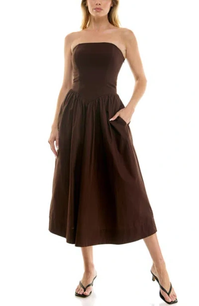 Socialite Mixed Media Strapless Midi Dress In Brown