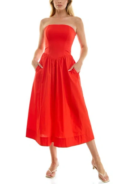 Socialite Mixed Media Strapless Midi Dress In Red