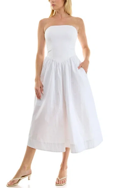 Socialite Mixed Media Strapless Midi Dress In White